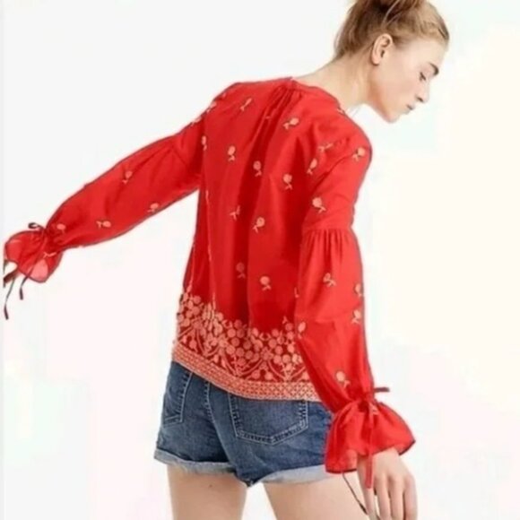 J. Crew Floral Applique Embroidered Cotton Voile Peasant Blouse/Top/Shirt Small - Picture 2 of 10